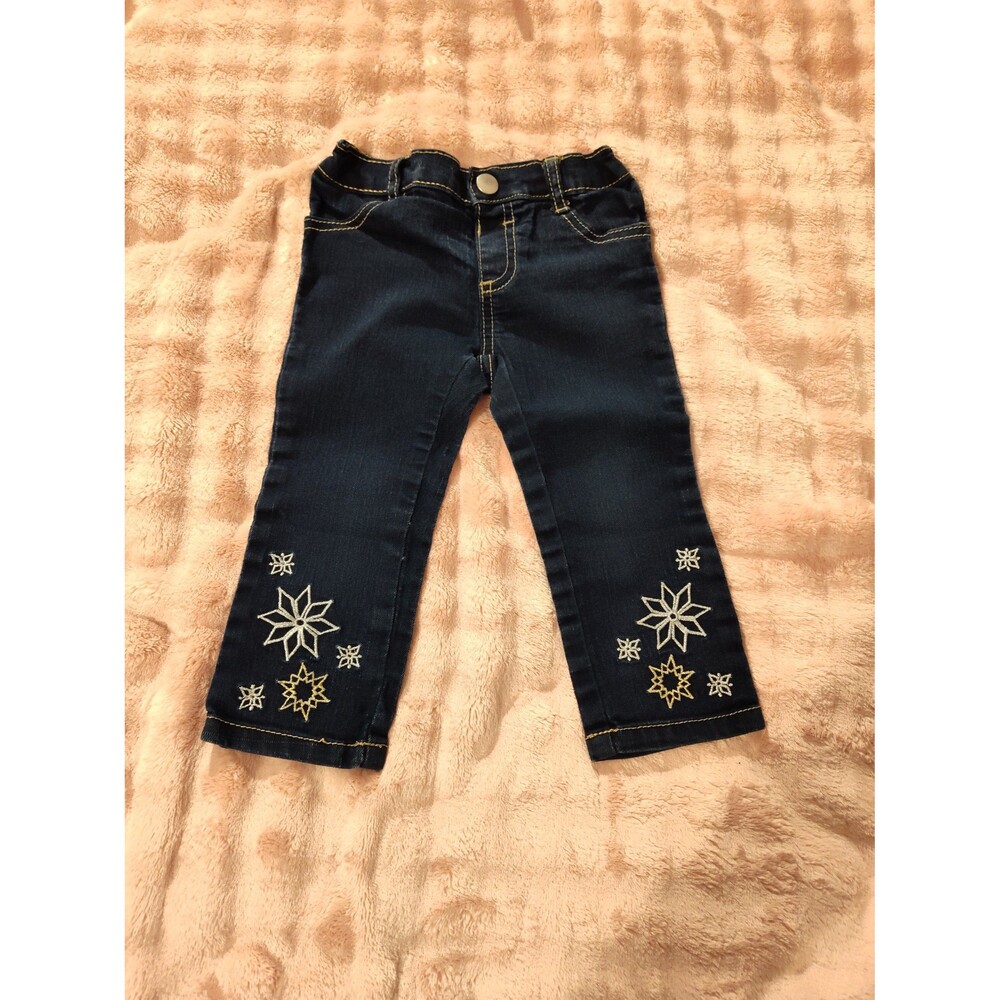 Gymboree Dark Wash Denim Stretchy Jeans Snowflake Embroidery Girls 18-24 mos